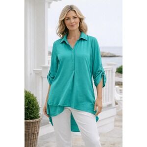 Renuar Coastal Chic Tunic Blouse Small Teal Roll Tab Sleeve High Low